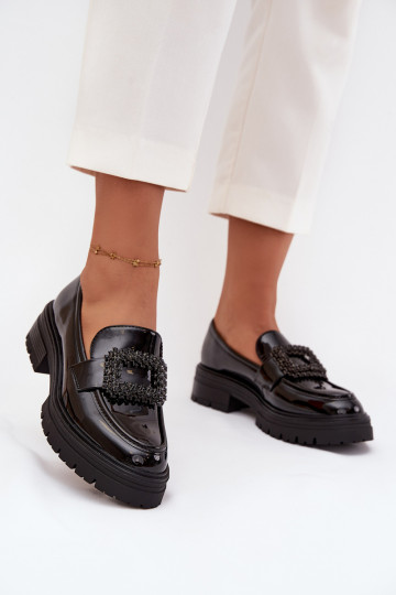 mit Lackeffekt Schuhe Mokassins für Damen dekorieren mit Schnallen schZuarze Farbe Luvianne 2
