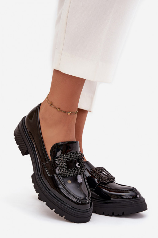 mit Lackeffekt Schuhe Mokassins für Damen dekorieren mit Schnallen schZuarze Farbe Luvianne