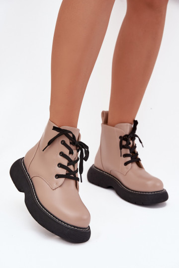 Warm gevoerde damesankleboots met platform en veters, zandkleur, Harmine