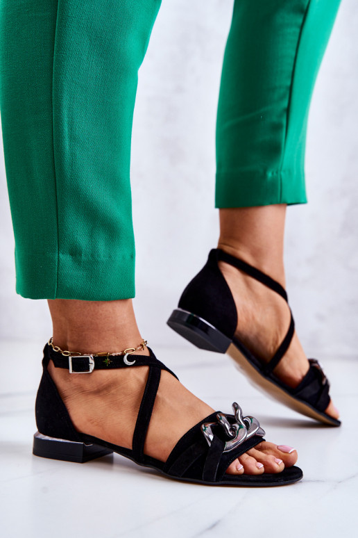 Féminin Sandales en daim avec des chaînes Laura Messi 2365 couleur noire Féminin Sandales en daim avec des chaînes Laura Messi 2365 couleur noire