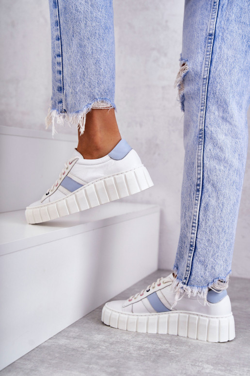 Féminin Peau baskets avec des sangles Blanc-couleur bleue Ariva Féminin Peau baskets avec des sangles Blanc-couleur bleue Ariva