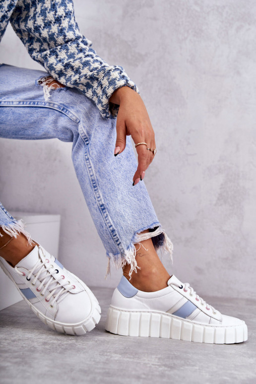 Féminin Peau baskets avec des sangles Blanc-couleur bleue Ariva Féminin Peau baskets avec des sangles Blanc-couleur bleue Ariva