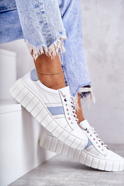 Féminin Peau baskets avec des sangles Blanc-couleur bleue Ariva Féminin Peau baskets avec des sangles Blanc-couleur bleue Ariva