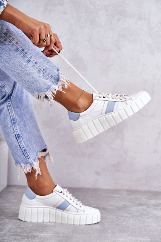 Féminin Peau baskets avec des sangles Blanc-couleur bleue Ariva Féminin Peau baskets avec des sangles Blanc-couleur bleue Ariva