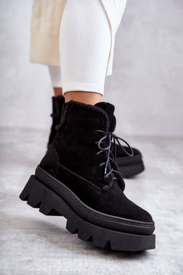 en daim réchauffer Bottes avec des lacets couleur noire Lemar Elisabeth