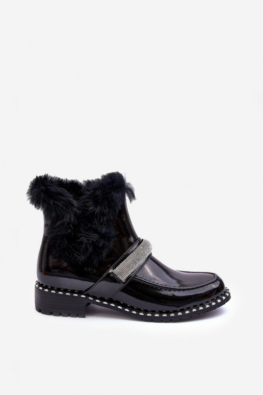 Faible Bottes avec effet vernis avec un manteau de fourrure Et la décoration S.Barski MR870-74 couleur noire Faible Bottes avec effet vernis avec un manteau de fourrure Et la décoration S.Barski MR870-74 couleur noire