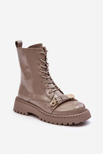 Féminin avec effet vernis Bottines de travail avec des ornements beige S.Barski MR870-67