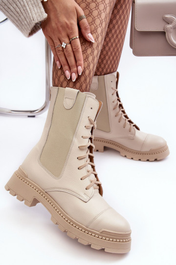 Bottes de travail en cuir pour femmes avec lacets couleur ivoire Nicole 2836