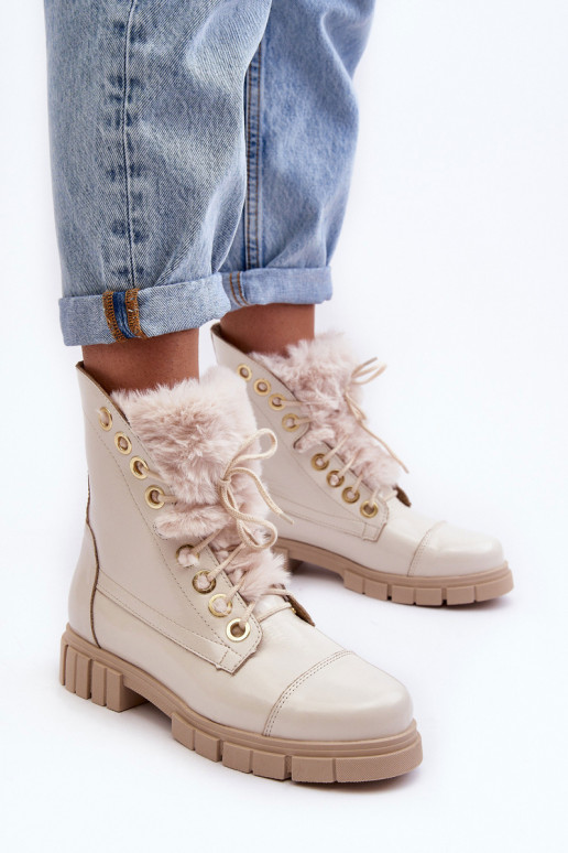 Haut Damenstiefel mit Pelzmantel elfenbeinfarbe LeZuski 3296