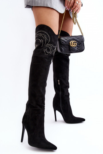 Feminin Stiefel oberhalb des Knies mit dünnen Absätzen schZuarze Farbe Vessy 2