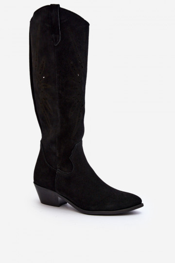 Zazoo 2909 en daim bottes avec des éléments ajourés Sur un talon bas couleur noire