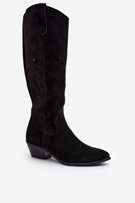 Zazoo 2909 en daim bottes avec des éléments ajourés Sur un talon bas couleur noire
