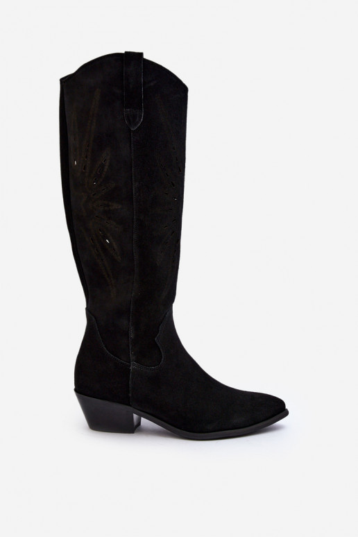 Zazoo 2909 en daim bottes avec des éléments ajourés Sur un talon bas couleur noire