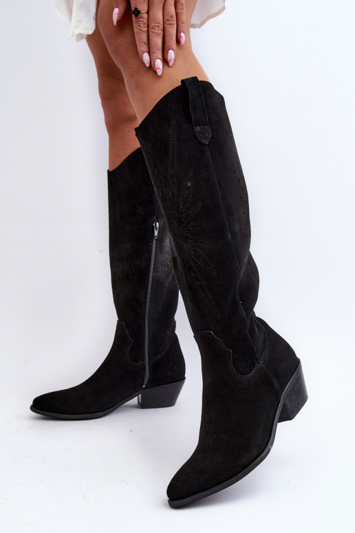 Zazoo 2909 en daim bottes avec des éléments ajourés Sur un talon bas couleur noire