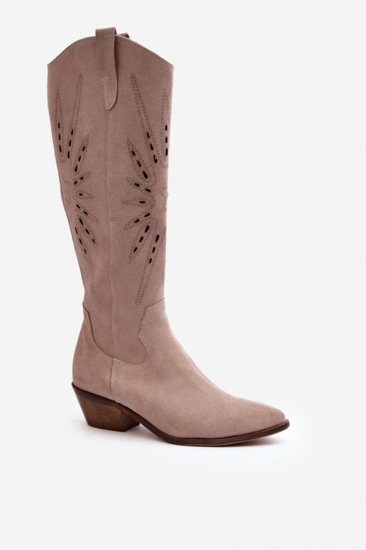 Zazoo 2909 en daim bottes avec des éléments ajourés Sur un talon bas beige