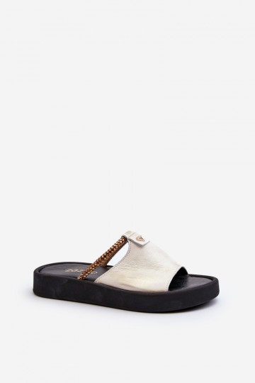 Zazoo 2896 Pantoufles pour femmes Peau Blanc-couleur dorée