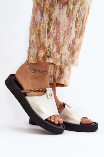 Zazoo 2896 Pantoufles pour femmes Peau Blanc-couleur dorée 2