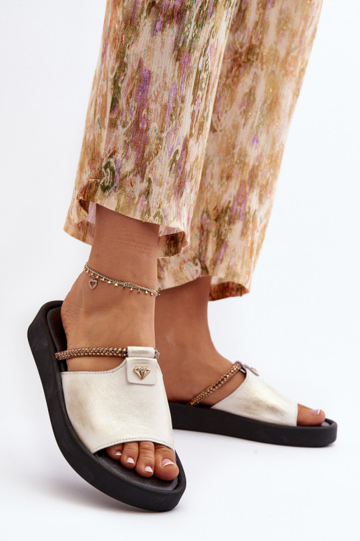 Zazoo 2896 Pantoufles pour femmes Peau Blanc-couleur dorée Zazoo 2896 Pantoufles pour femmes Peau Blanc-couleur dorée