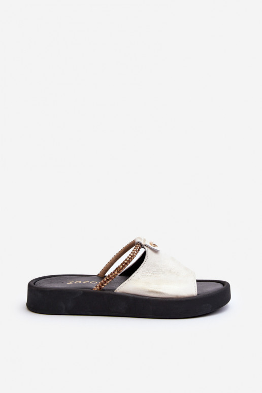 Zazoo 2896 Pantoufles pour femmes Peau Blanc-couleur dorée Zazoo 2896 Pantoufles pour femmes Peau Blanc-couleur dorée