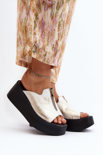 Zazoo 2916 Dames Slippers met platform met ritssluitingen gouden kleur 2