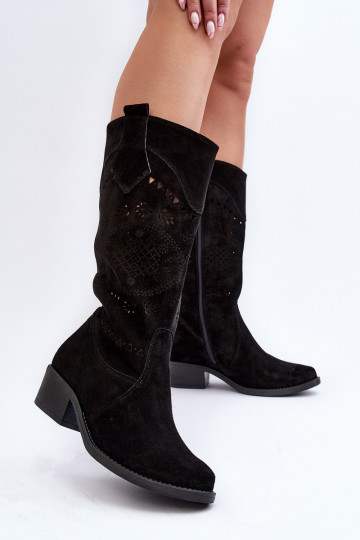 Bottes montantes en daim Zazoo 4043 à petit talon avec éléments ajourés noires 2