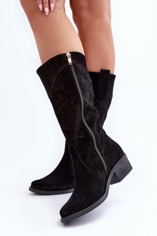 Zazoo 4043 en daim bottes Sur un talon bas avec des éléments ajourés couleur noire