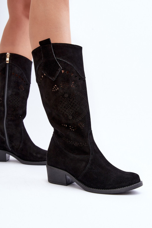 Zazoo 4043 en daim bottes Sur un talon bas avec des éléments ajourés couleur noire