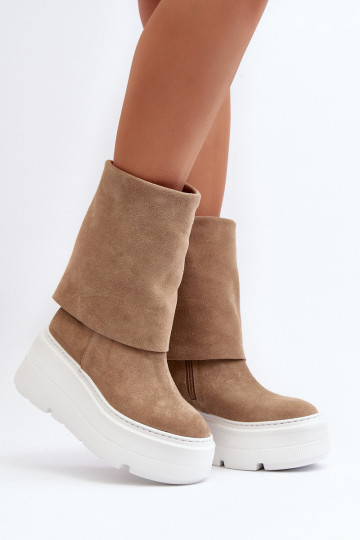 Zazoo 3410 vrouwen suede enkellaarsjes met platform zandkleur 2