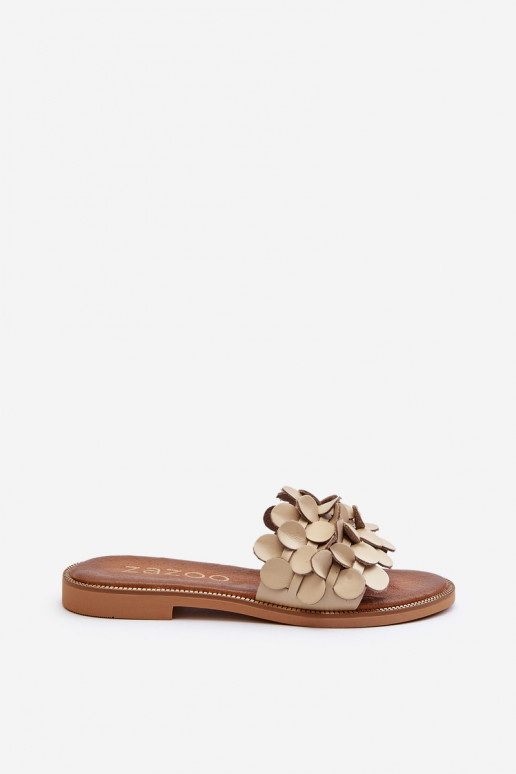 Zazoo 40381 Feminin Lederhausschuhe mit breiten Absätzen Beige Zazoo 40381 Feminin Lederhausschuhe mit breiten Absätzen Beige