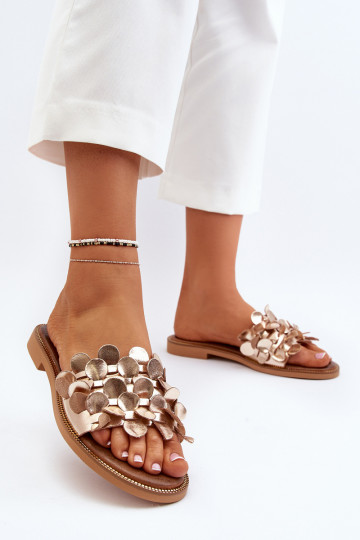 Zazoo 40381 dames leren slippers met brede hakken goudkleurig