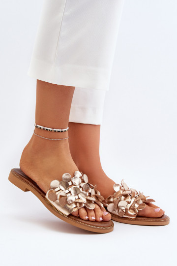 Zazoo 40381 Dames Leren pantoffels met brede hakken gouden kleur 2