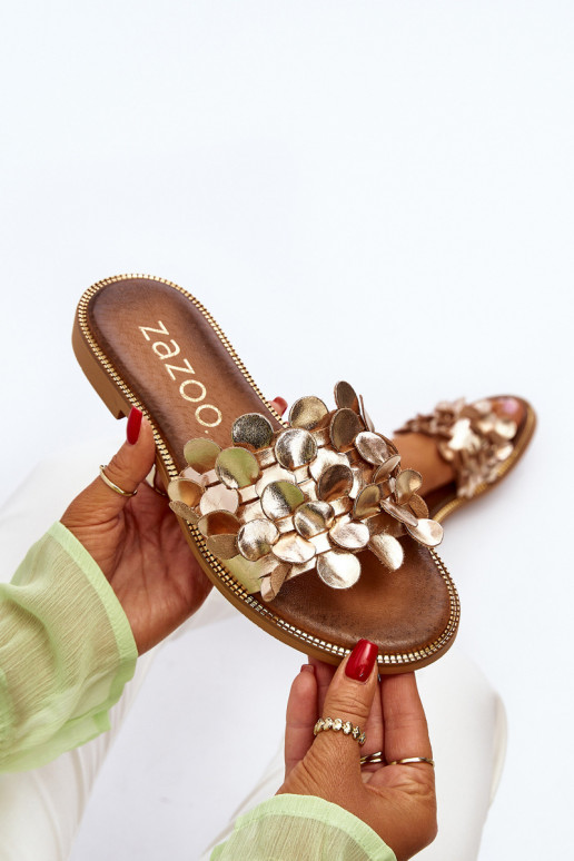 Zazoo 40381 Dames Leren pantoffels met brede hakken gouden kleur Zazoo 40381 Dames Leren pantoffels met brede hakken gouden kleur