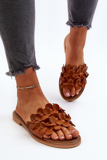 Zazoo 40381 dames leren slippers met brede hakken bruine kleur