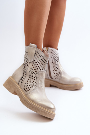 Zazoo 3470 Peau Bottes pour femmes avec des talons larges avec des éléments ajourés couleur dorée Nettoyé 2