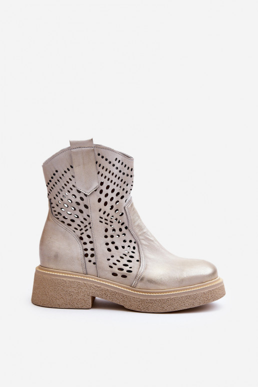 Zazoo 3470 Haut Damenstiefel mit breiten Absätzen mit durchbrochenen Elementen goldene Farbe Aufgeräumt