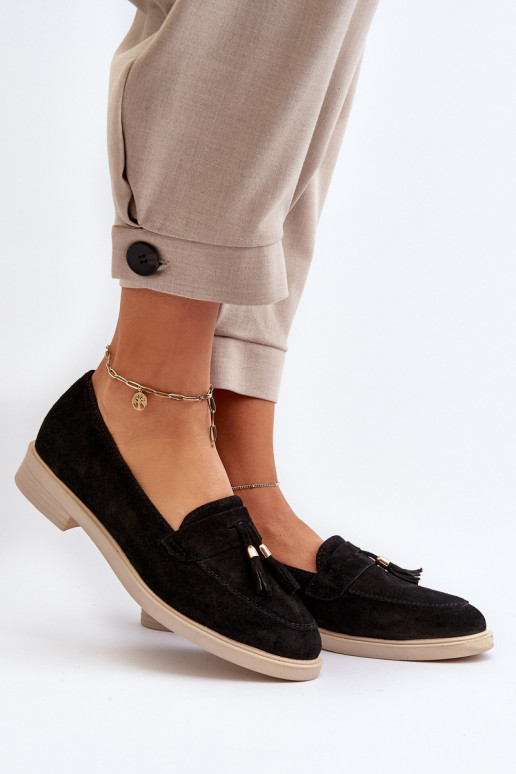 Zazoo 3420 Mocassins en daim Féminin avec des talons larges couleur noire Zazoo 3420 Mocassins en daim Féminin avec des talons larges couleur noire