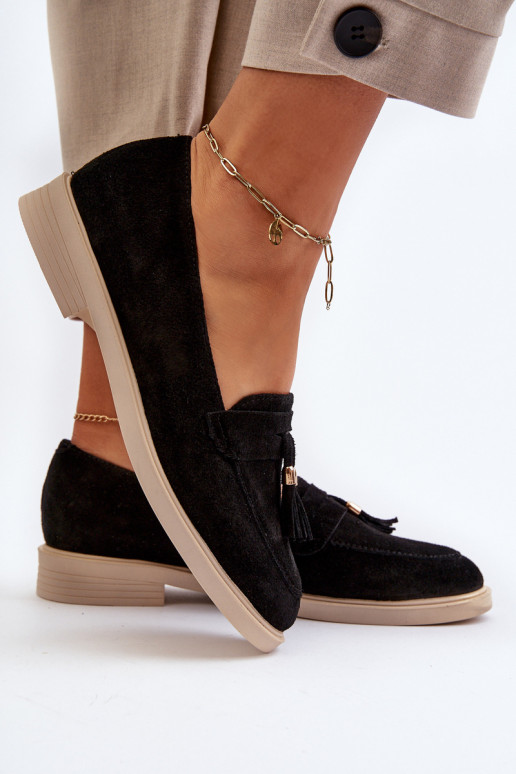 Zazoo 3420 Mocassins en daim Féminin avec des talons larges couleur noire Zazoo 3420 Mocassins en daim Féminin avec des talons larges couleur noire