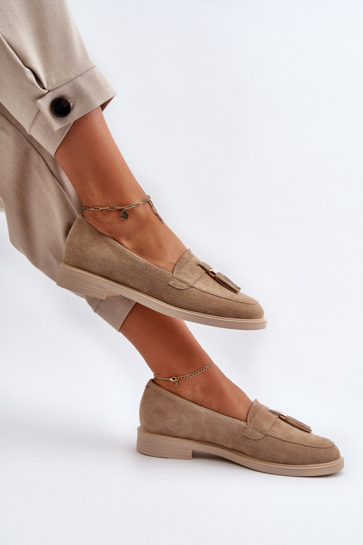 Zazoo 3420 Suède mocassins Dames met brede hakken beige Zazoo 3420 Suède mocassins Dames met brede hakken beige