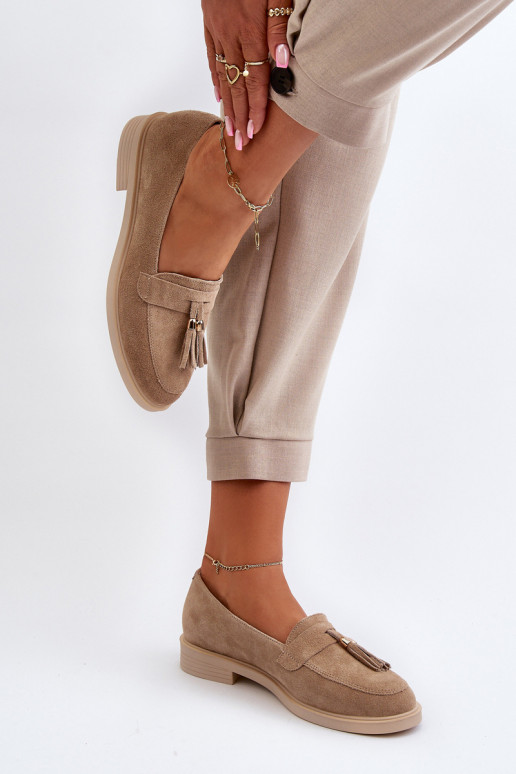 Zazoo 3420 Suède mocassins Dames met brede hakken beige Zazoo 3420 Suède mocassins Dames met brede hakken beige