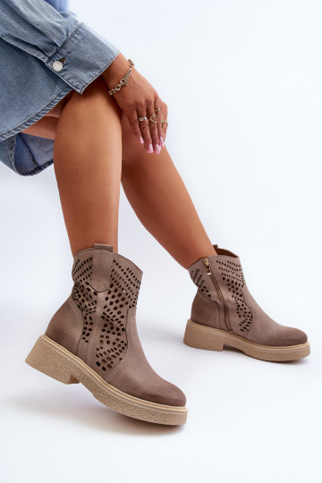 Zazoo 3470 Chaussures en daim Féminin avec des talons larges avec des éléments ajourés couleur cappuccino