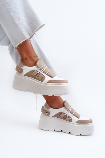 Chaussures en cuir pour femmes de style sportif avec semelles épaisses Zazoo 1833 couleur sable-blanc 2