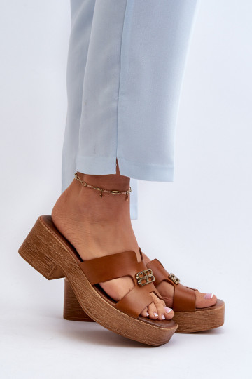 Zazoo 40412 Leer Elegante stijl Damespantoffels met gouden details bruine kleur 2