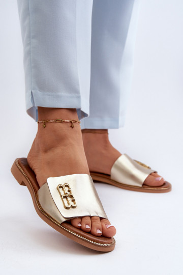 Pantoufles en cuir au style élégant de couleur dorée Zazoo 40384