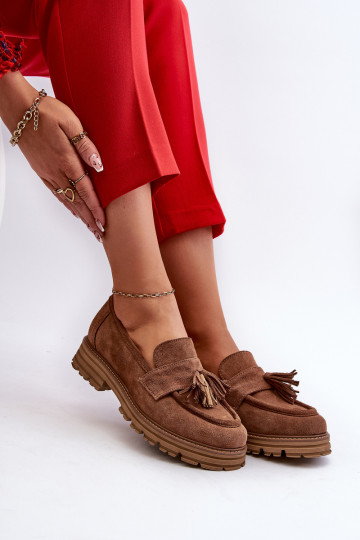 Mocassins en daim pour femmes Zazoo 3469 avec franges marron 2