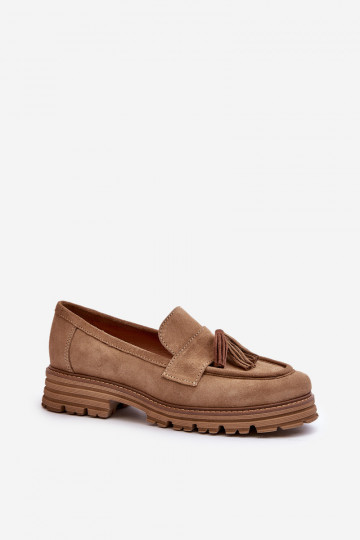 Mocassins en daim pour femmes Zazoo 3469 avec franges couleur sable