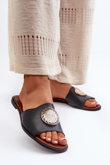 Zazoo 2938 leren slippers met brede hakken en ornamenten zwart
