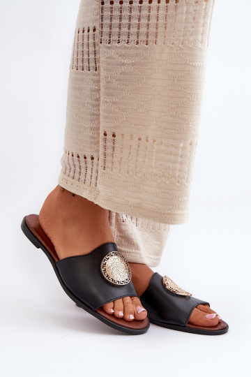 Zazoo 2938 leren slippers met brede hakken en ornamenten zwart 2