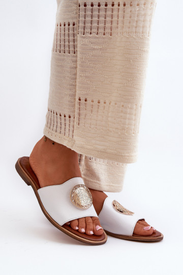 Zazoo 2938 Pantoufles en cuir avec des talons larges avec des ornements couleur blanche 2