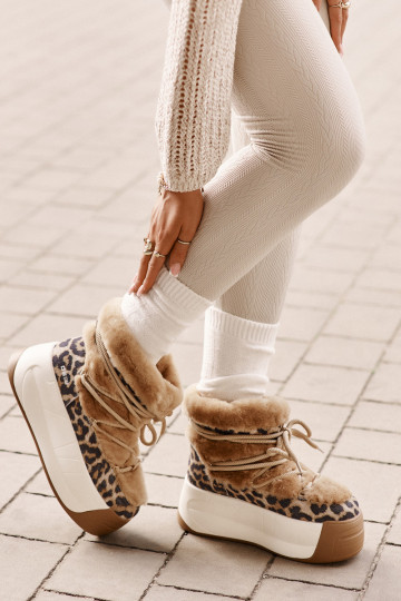 Damen Leder Schnee-Stiefel mit dicker Sohle, Fell und Leopardenmuster Big Star OO274A208 in Braun 2
