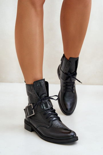 Zazoo 2949 bottines en cuir avec boucles, couleur noire 2